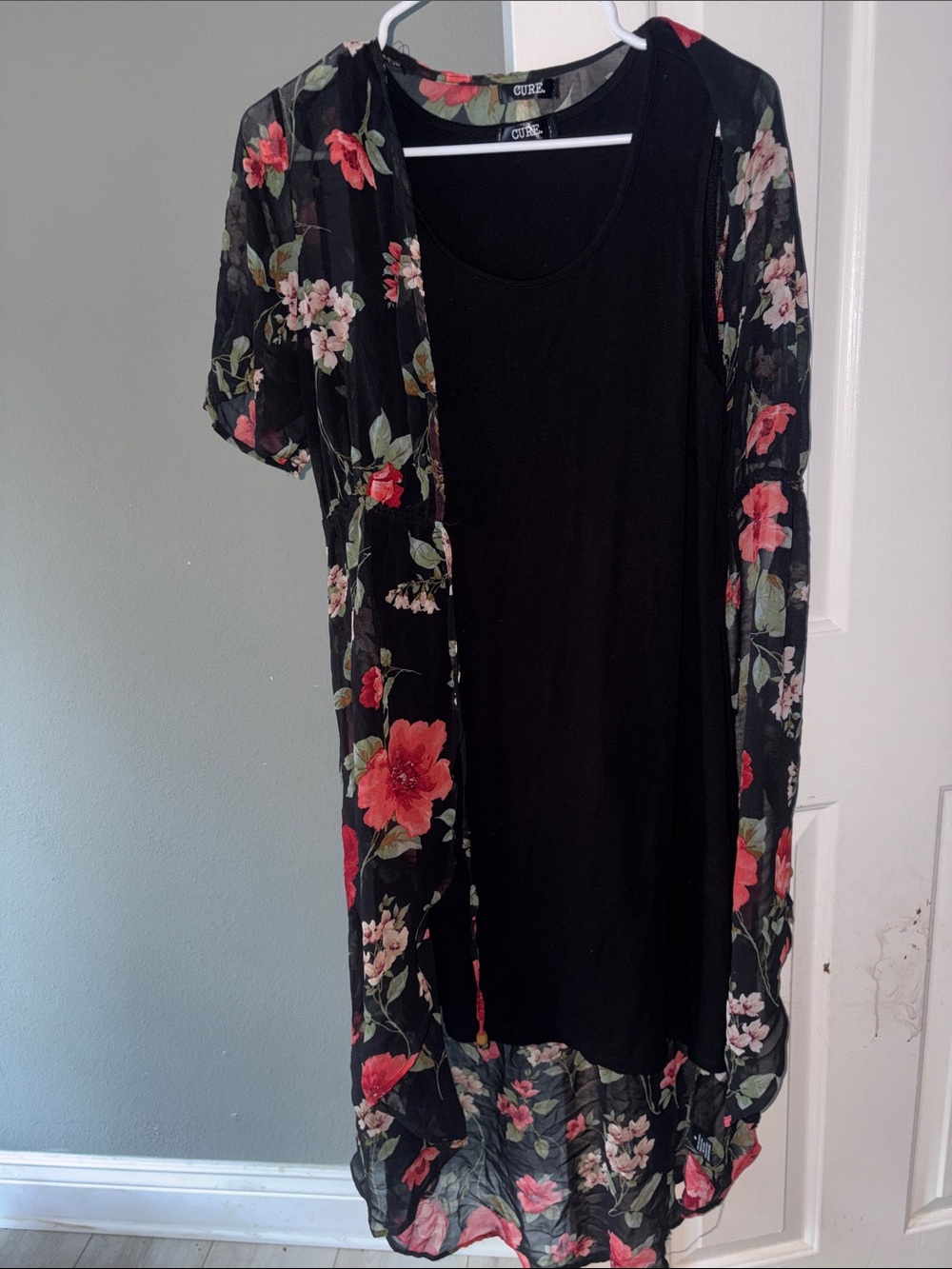 Sheer Black Floral Kimono Robe with Red & Pink Blossoms